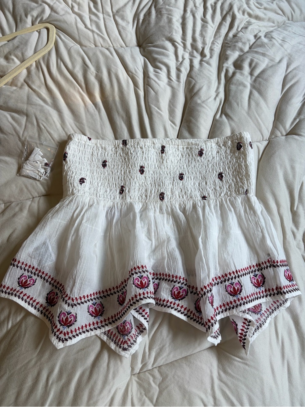 American Eagle Outfitters White Strapless Embroidered Peplum Top